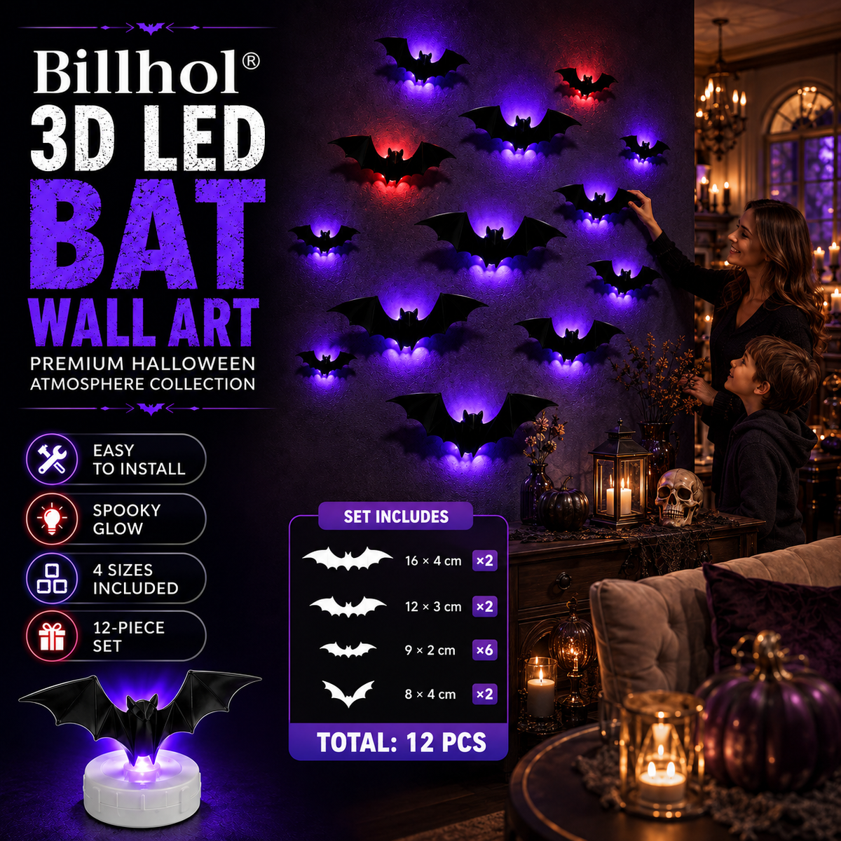 Billhol® 3D LED Bat Wall Art – Premium Halloween Atmosphere Collection